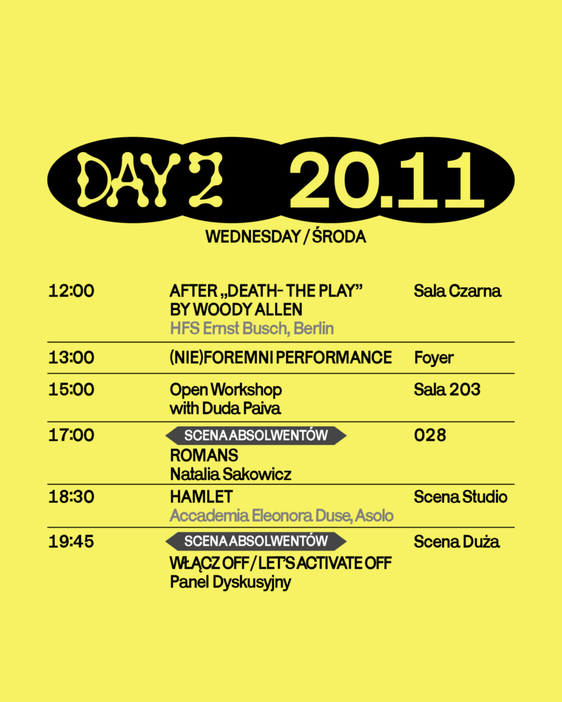 Harmonogram drugiego dnia Festiwalu Metaformy, edycja 2024. Harmonogram w formie tekstowej na podstronie edycji