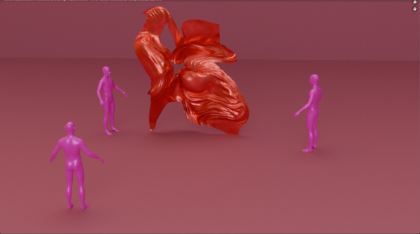 Zrzut ekranu prezentujący grafikę komputerową. W pustej, dużej, różowej przestrzeni trzy nagie, fioletowe postacie. Stoją, tworząc kształt trójkąta. Pomiędzy dwoma postaciami, w podstawie trójkąta duży, czerwony, abstrakcyjny przedmiot, przypominający kwiat.