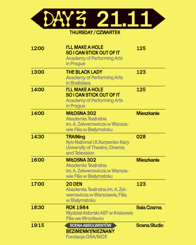 Harmonogram trzeciego dnia Festiwalu Metaformy, edycja 2024. Harmonogram w formie tekstu dostępny na podstronie Edycji.