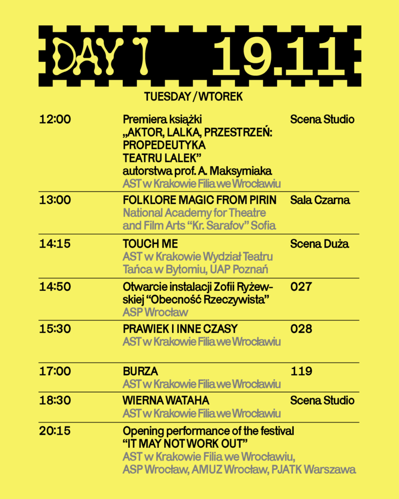 Harmonogram pierwszego dnia Festiwalu Metaformy, Edycja 2024. Harmonogram w formie tekstu dostępny na podstronie Edycji